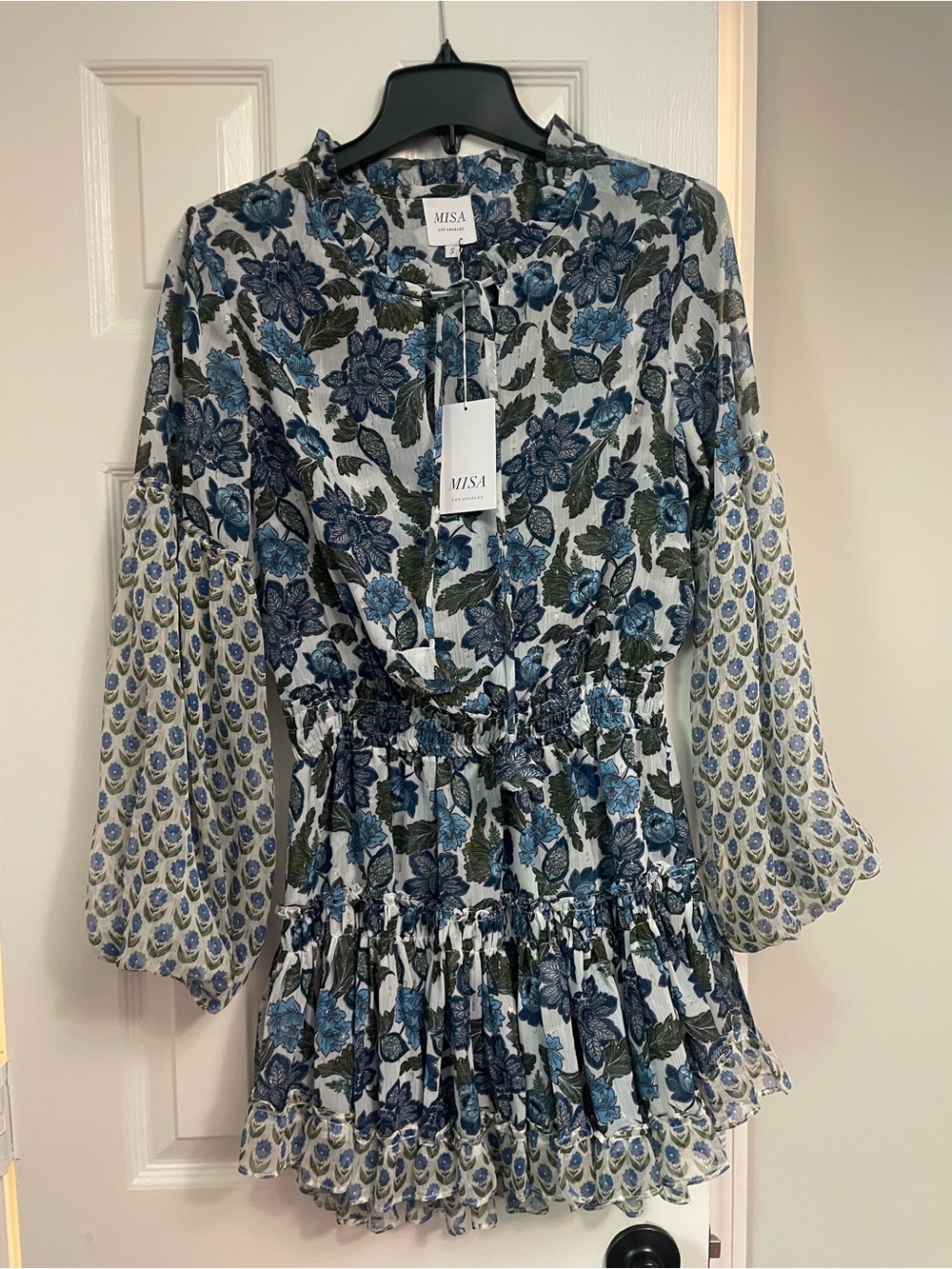 Misa Los Angeles Blue Floral Long Sleeve Smocked Waist Mini Dress